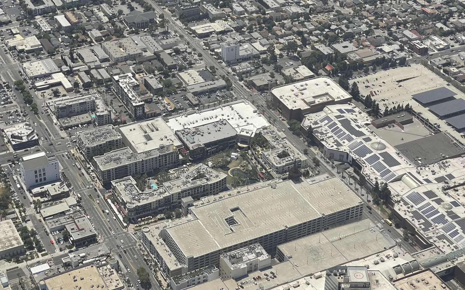 Aerial view of downtown Glendale shopping district showing Americana at Brand and Glendale Galleria